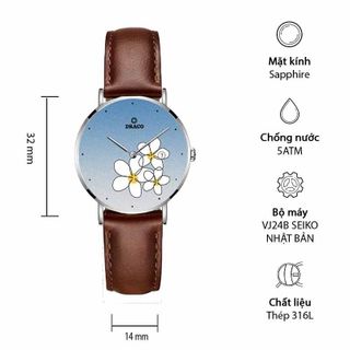 Đồng Hồ Nữ - Thương Hiệu DRACO D22-STN01 "Flower Garden" xanh dây da bò nâu