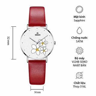 Đồng Hồ Nữ - Thương Hiệu DRACO D22-STN01 "Flower Garden" trắng dây da bò đỏ