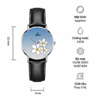 Đồng Hồ Nữ - Thương Hiệu DRACO D22-STN01 "Flower Garden" xanh dây da bò đen