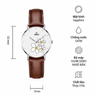 Đồng Hồ Nữ - Thương Hiệu DRACO D22-STN01 "Flower Garden" trắng dây da bò nâu