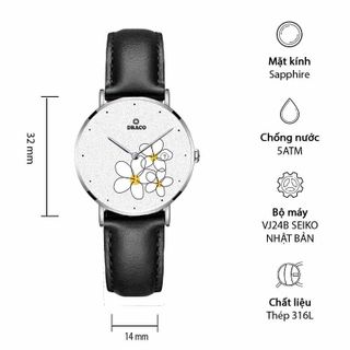 Đồng Hồ Nữ - Thương Hiệu DRACO D22-STN01 "Flower Garden" trắng dây da bò đen