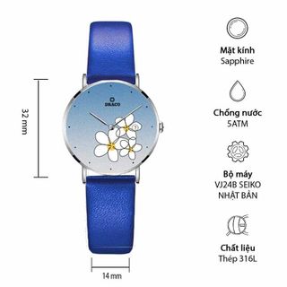 Đồng Hồ Nữ - Thương Hiệu DRACO D22-STN01 "Flower Garden" xanh da bò xanh