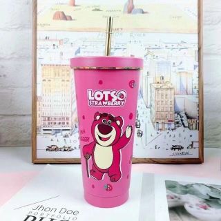 Ly giữ nhiệt hoạ tiết gấu dâu,dung tích 750ml,tặng kèm ống hút + vệ sinh ống hút,nắp bịt bình,túi đựng ly