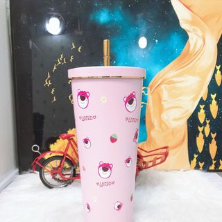 Ly giữ nhiệt hoạ tiết gấu dâu,dung tích 750ml,tặng kèm ống hút + vệ sinh ống hút,nắp bịt bình,túi đựng ly