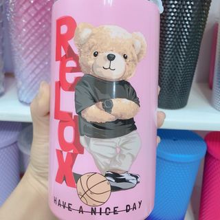 Ly giữ nhiệt hoạ tiết gấu xù,dung tích 600ml,tặng kèm ống hút inox+ cọ rửa ống hút+ túi đựng ly
