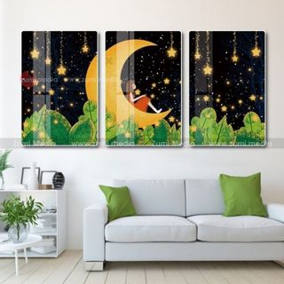 bộ 3 tranh treo tường đêm trăng sao, gỗ lụa bóng 40x60 giá sỉ
