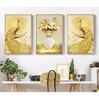 bộ 3 tranh chim công phượng, gỗ lụa 40x60 giá sỉ