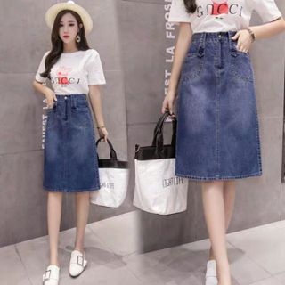 Chân váy jean bò dáng chữ A dài qua gối hàng quảng châu loại một chất đẹp dáng xẻ sau