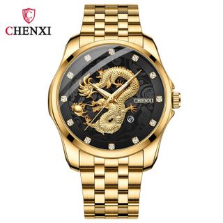 ĐỒNG HỒ NAM DÂY THÉP KHÔNG GỈ CHENXI MẶT SỐ THIẾT KẾ RỒNG 3D ĐẸP MẮT