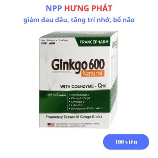 Ginkgo 600Mg Natural giúp tăng cường hoạt huyết dưỡng não, giảm đau đầu tăng trí nhớ - Hộp 100 viên