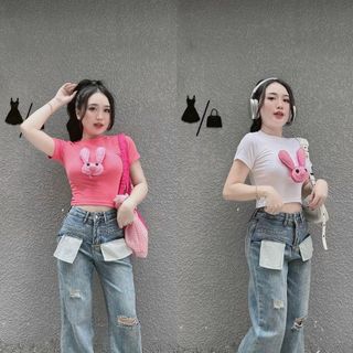 Áo thun from nhỏ chất thun mịn 4 chiều gắn tang thỏ - dễ thương lắm ạ