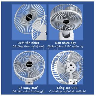 Quạt Kẹp Bàn Sạc Pin Tích Điện Super, Quạt Tích Điện Để Bàn Tiện Dụng 3 Tốc Độ Gió Có Giá Đỡ Điện Thoại