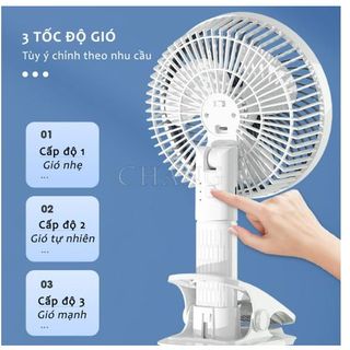 Quạt Kẹp Bàn Sạc Pin Tích Điện Super, Quạt Tích Điện Để Bàn Tiện Dụng 3 Tốc Độ Gió Có Giá Đỡ Điện Thoại