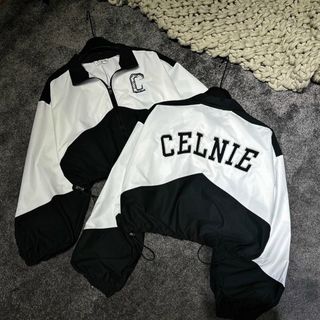 Áo Khoác Dù Nữ Croptop Họa Tiết In Chữ Nổi CELNIE Có Dây Rút Phối Màu Phong Cách Cá Tính