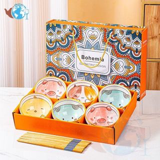 Bộ 6 Chén Sứ Hình Thú Dễ Thương Kèm Đũa