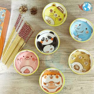 Bộ 6 Chén Sứ Hình Thú Dễ Thương Kèm Đũa