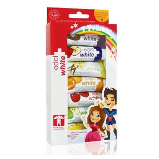 Kem đánh răng trẻ em edel+white 7 Früchtli, hộp 7x9.4 ml (ngừa sâu răng, củng cố men răng, răng trắng sáng, 7 ngày, 7 hương vị)