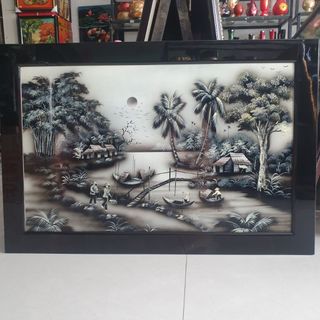 Tranh sơn mài đồng quê vẽ cao cấp đen trắng size 92x62 cm