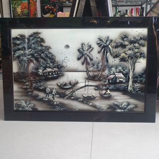 Tranh sơn mài đồng quê vẽ cao cấp đen trắng size 92x62 cm