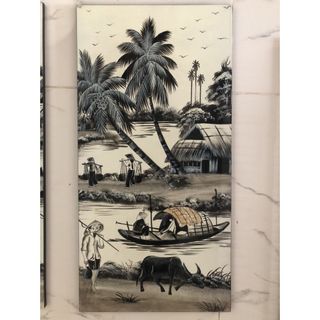 Tranh sơn mài đồng quê bộ 4 tấm 60x120 cm hàng xuất khẩu