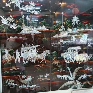 Tranh sơn mài 4 NGƯ TIỀU CANH MỤC cẩn ốc chìm cao cấp, hàng xuất khẩu size 80x160 cm