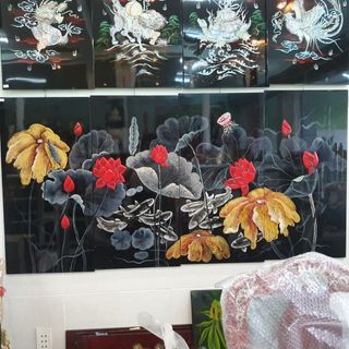 Tranh sơn mài Hoa Sen đắp nổi 3D cao cấp, hàng xuất khẩu size 80x160 cm treo tường, trang trí nhà cửa, văn phòng, quà tg giá sỉ