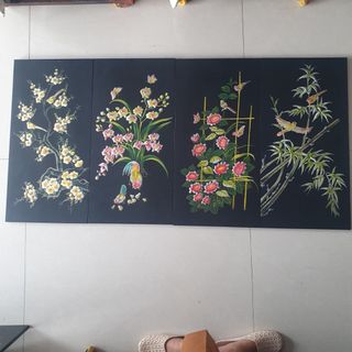 Tranh sơn mài 4 mùa Mai Lan Cúc Trúc, vẽ 3D đắp nổi size 60x120 cm giá sỉ