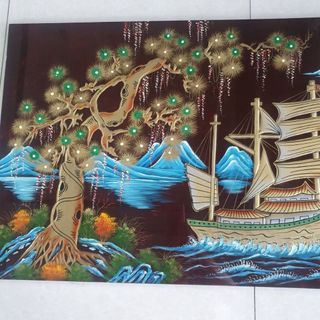 Tranh sơn mài Thuận Buồm Xuôi Gió đắp nổi hàng xuất khẩu 60x120 cm trang trí nhà, quà tặng tân gia, khai trương ý nghĩa