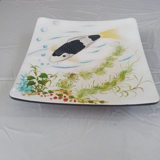 Dĩa vuông sơn mài cao cấp Thanh Bình Lê họa tiết cá chép 27x27x4 cm