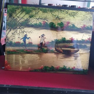 Tranh vẽ vàng sơn mài cao cấp làng quê Việt Nam size 30x40 cm
