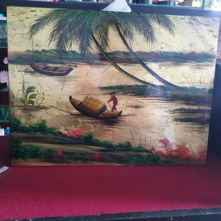 Tranh vẽ vàng sơn mài cao cấp làng quê Việt Nam size 30x40 cm