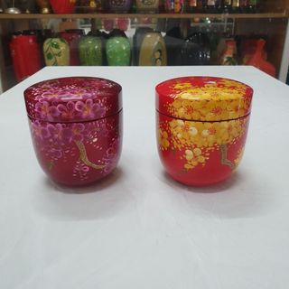 Hủ đựng trà sơn mài cao cấp vẽ hoa đào, hoa mai 12x12 cm