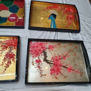 Khay sơn mài cao cấp Thanh Bình Lê vẽ cô gái, hoa đào, họa tiết phong phú đẹp mắt, sang trọng