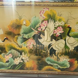 Tranh sơn mài Sen Hạc đắp nổi hàng xuất khẩu 80x160 cm trang trí nhà cửa, quà tặng tân gia, khai trương ý nghĩa giá sỉ