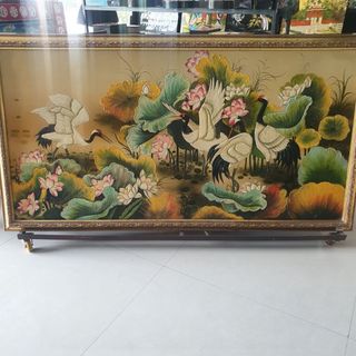Tranh sơn mài Sen Hạc đắp nổi hàng xuất khẩu 80x160 cm trang trí nhà cửa, quà tặng tân gia, khai trương ý nghĩa