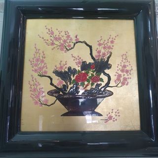 Tranh sơn mài 3D Thanh Bình Lê chậu hoa phong thủy 55x55 cm có khung sơn mài giá sỉ