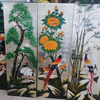 Tranh sơn mài bộ 4 tấm Tùng Cúc Trúc Mai vẽ kết hợp đắp nổi cao cấp 90x120 cm