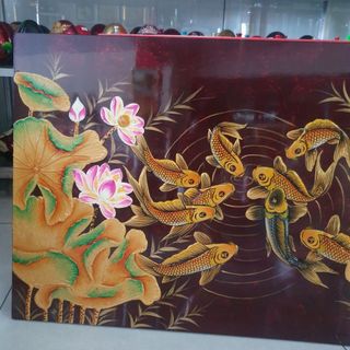 Tranh sơn mài Cá Sen đắp nổi 50x80 cm hàng xuất khẩu trang trí nhà cửa, quà tặng ý nghĩa cho người thân, đối tác