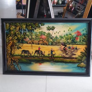 Tranh sơn mài đồng quê cao cấp 56x86 cm, khung sơn mài