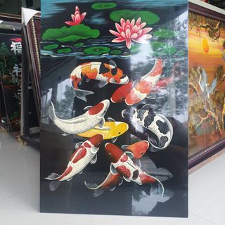 Tranh sơn mài Cửu Ngư Quần Hội 80x90 cm hàng xuất khẩu trang trí nhà cửa, quà tặng ý nghĩa cho người thân, đối t