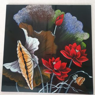 Tranh sơn mài hoa sen đỏ nền đen size 40x40 cm