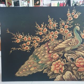 Tranh sơn mài đắp nổi chim công và hoa mẫu đơn, hoa đào 60x120 cm