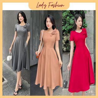 {HCM} Đầm xòe xếp li ngực kết hoa vải D075 -Lady Fashion - Khánh Linh Style giá sỉ