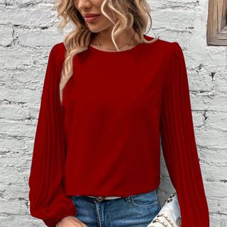 Áo sơ mi nữ xếp li màu trơn giải trí