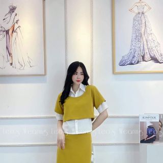 Đầm công sở váy kèm áo sơ mi và áo croptop