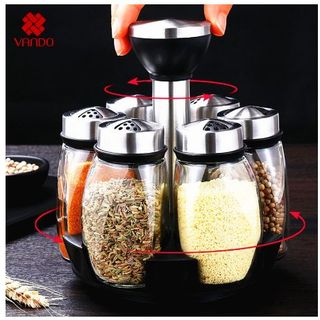 Bộ 6 Lọ Đựng Gia Vị Thủy Tinh VANDO Kèm Giá Để Xoay 360 Độ