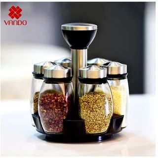 Bộ 6 Lọ Đựng Gia Vị Thủy Tinh VANDO Kèm Giá Để Xoay 360 Độ