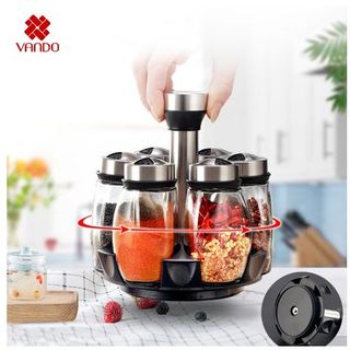Bộ 6 Lọ Đựng Gia Vị Thủy Tinh VANDO Kèm Giá Để Xoay 360 Độ