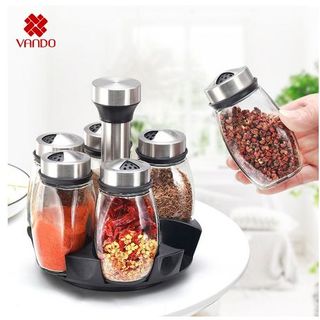 Bộ 6 Lọ Đựng Gia Vị Thủy Tinh VANDO Kèm Giá Để Xoay 360 Độ