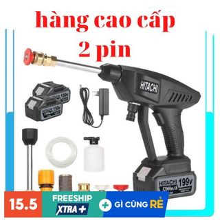 Máy xịt rửa xe máy ô tô cao áp có áp lực cao tạo bọt tuyết HITACHI 199V cầm tay PIN SẠC CỰC MẠNH dùng gia đình giá rẻ giá sỉ